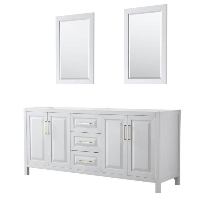 Wyndham Collection Daria 80 inch Double Bathroom Vanity in White with 24 inch Mirrors, Brushed Gold Trim, No Countertop and No Sink - WCV252580DWGCXSXXM24