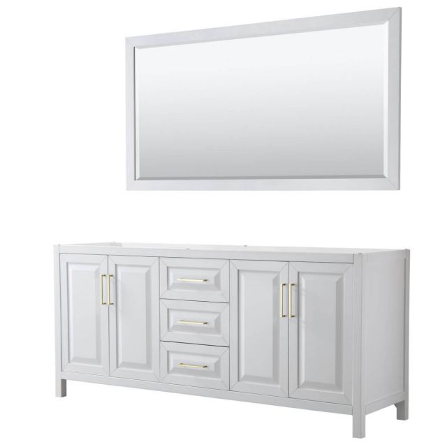 Wyndham Collection Daria 80 inch Double Bathroom Vanity in White with 70 inch Mirror, Brushed Gold Trim, No Countertop and No Sinks, - WCV252580DWGCXSXXM70