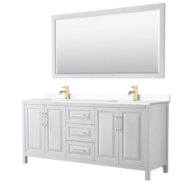 Wyndham Collection Daria 80 inch Double Bathroom Vanity in White with White Cultured Marble Countertop, Undermount Square Sinks, 70 inch Mirror and Brushed Gold Trim - WCV252580DWGWCUNSM70