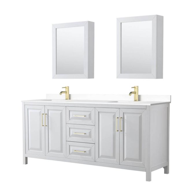 Wyndham Collection Daria 80 inch Double Bathroom Vanity in White with White Cultured Marble Countertop, Undermount Square Sinks, Medicine Cabinets and Brushed Gold Trim - WCV252580DWGWCUNSMED