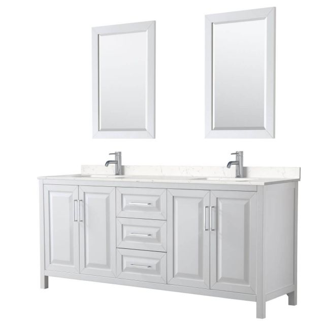 Wyndham Collection Daria 80 inch Double Bathroom Vanity in White with Light-Vein Carrara Cultured Marble Countertop, Undermount Square Sinks and 24 inch Mirrors - WCV252580DWHC2UNSM24