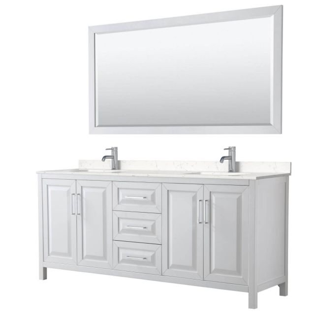 Wyndham Collection Daria 80 inch Double Bathroom Vanity in White with Light-Vein Carrara Cultured Marble Countertop, Undermount Square Sinks and 70 inch Mirror - WCV252580DWHC2UNSM70