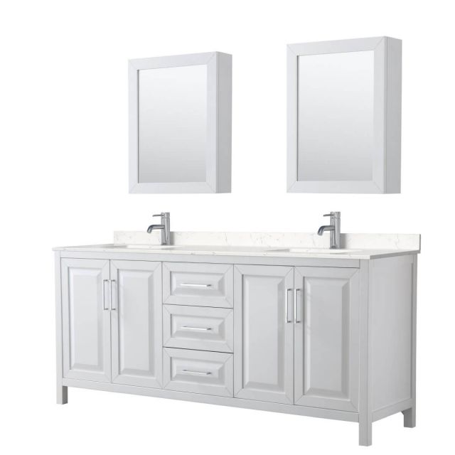 Wyndham Collection Daria 80 inch Double Bathroom Vanity in White with Light-Vein Carrara Cultured Marble Countertop, Undermount Square Sinks and Medicine Cabinets - WCV252580DWHC2UNSMED