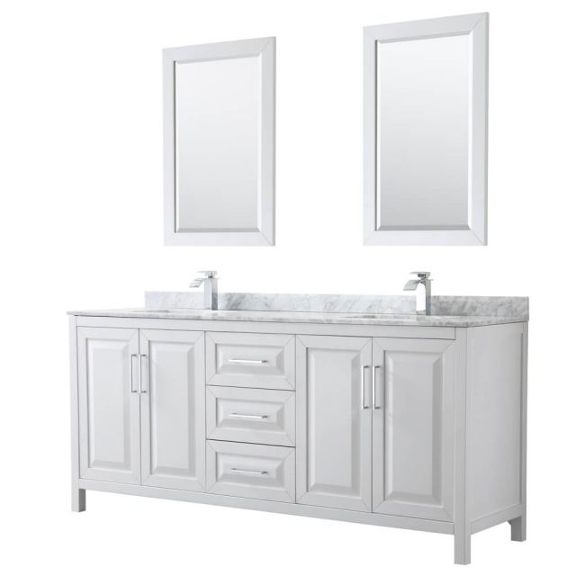 Wyndham Collection Daria 80 inch Double Bath Vanity in White, White Carrara Marble Countertop, Undermount Square Sinks, and 24 inch Mirrors - WCV252580DWHCMUNSM24