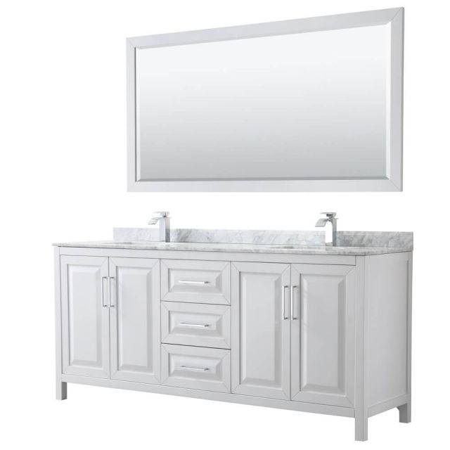 Wyndham Collection Daria 80 inch Double Bath Vanity in White, White Carrara Marble Countertop, Undermount Square Sinks, and 70 inch Mirror - WCV252580DWHCMUNSM70