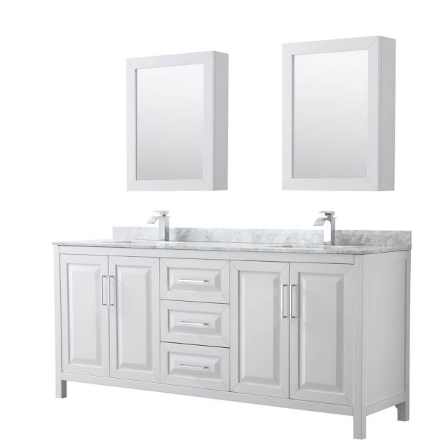 Wyndham Collection Daria 80 inch Double Bath Vanity in White, White Carrara Marble Countertop, Undermount Square Sinks, and Medicine Cabinets - WCV252580DWHCMUNSMED