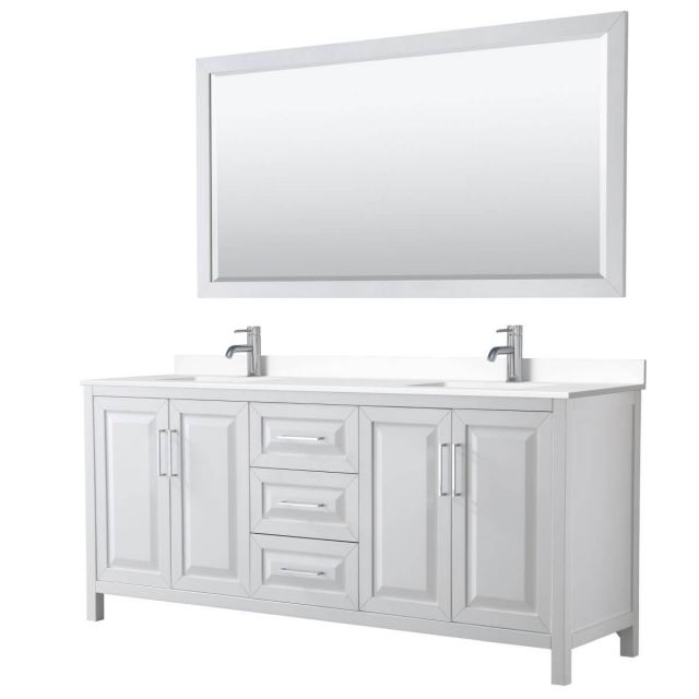 Wyndham Collection Daria 80 inch Double Bathroom Vanity in White with White Cultured Marble Countertop, Undermount Square Sinks and 70 inch Mirror - WCV252580DWHWCUNSM70