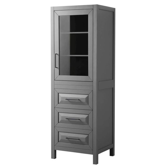Wyndham Collection Daria 24 inch Linen Tower in Dark Gray with Matte Black Trim, Shelved Cabinet Storage and 3 Drawers WCV2525LTGB