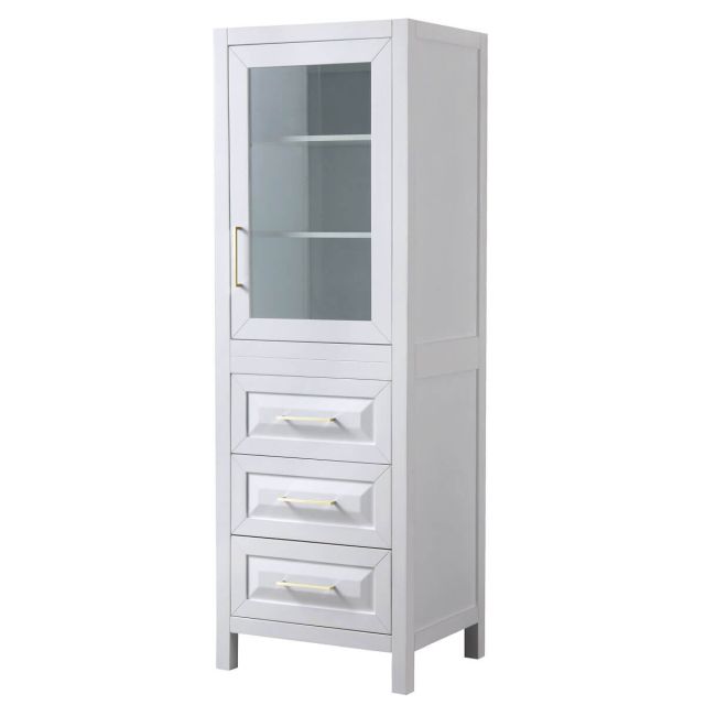 Wyndham Collection Daria 24 inch Linen Tower in White with Brushed Gold Trim, Shelved Cabinet Storage and 3 Drawers WCV2525LTWG
