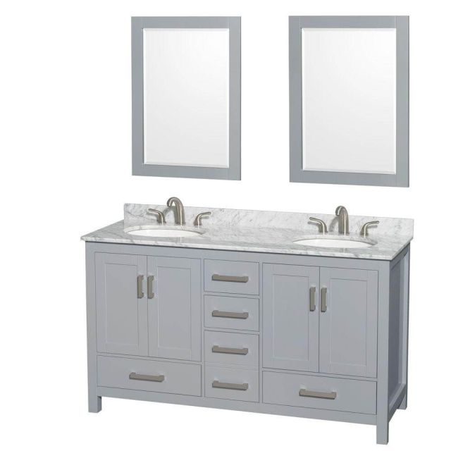 Wyndham Collection Sheffield 60 Inch Double Bath Vanity In Gray with White Carrara Marble Countertop with Undermount Oval Sinks and 24 Inch Mirrors - WCS141460DGYCMUNOM24