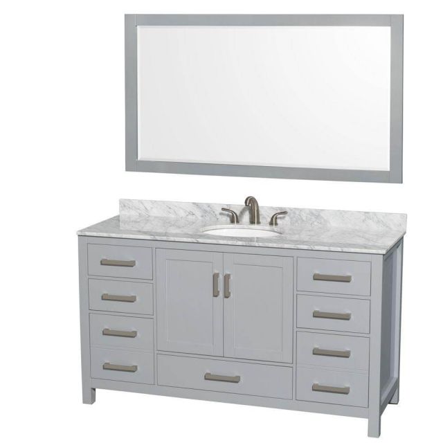 Wyndham Collection Sheffield 60 Inch Single Bath Vanity In Gray with White Carrara Marble Countertop with Undermount Oval Sink and 58 Inch Mirror - WCS141460SGYCMUNOM58