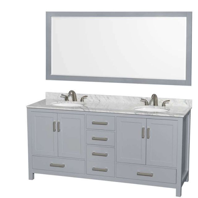 Wyndham Collection Sheffield 72 Inch Double Bath Vanity In Gray with White Carrara Marble Countertop with Undermount Oval Sinks and 70 Inch Mirror - WCS141472DGYCMUNOM70