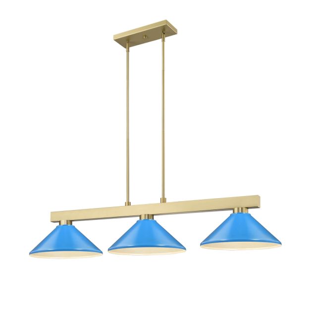 Z-Lite Lighting Cobalt 3 Light 50 inch Linear Light in Modern Gold with Electric Blue Conical Metal Shade 152MGLD-MEB