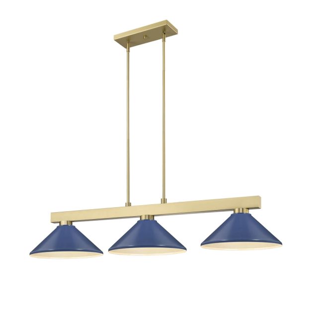 Z-Lite Lighting Cobalt 3 Light 50 inch Linear Light in Modern Gold with Navy Blue Conical Metal Shade 152MGLD-MNB