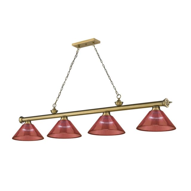 Z-Lite Lighting Cordon 4 Light 81 inch Linear Light in Rubbed Brass with Red Shade 2306-4RB-PRD