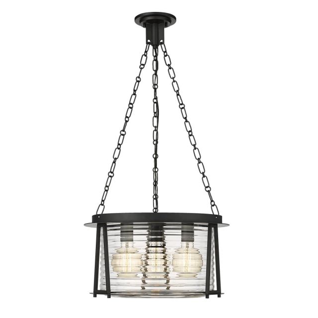 Z-Lite Lighting 7503P18-MB Cape Harbor 3 Light 18 inch Pendant in Matte Black with Water Hammered Glass