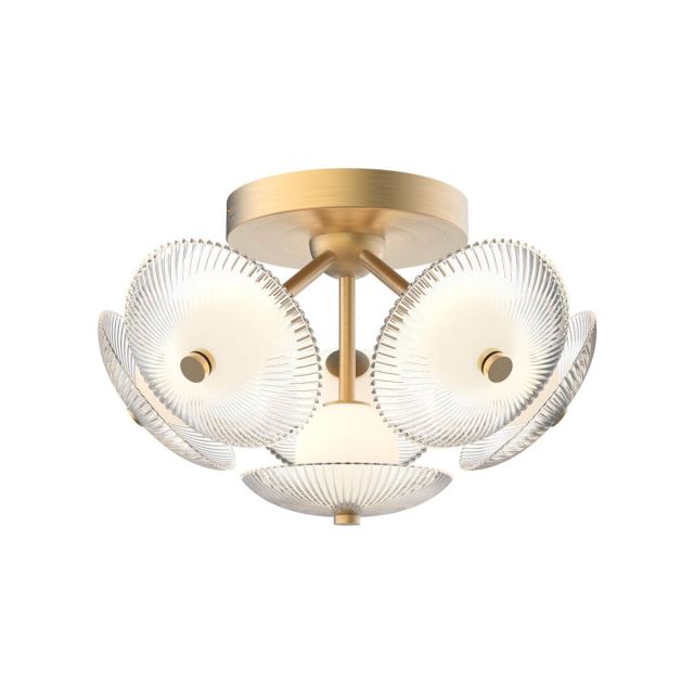 Alora Mood Hera 16 inch LED Flush Mount in Brushed Gold with Clear Ribbed Glass - Matte Opal Glass Ball FM417606BGCR