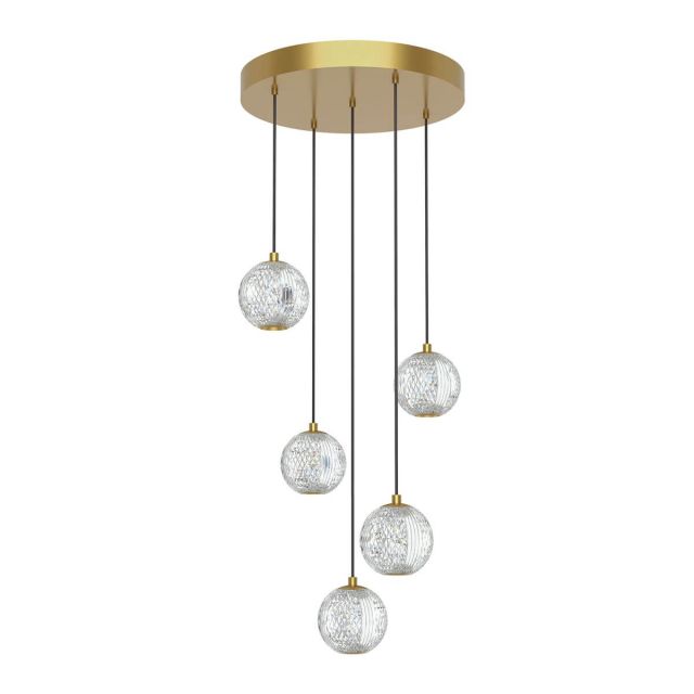 Alora Lighting Marni 15 inch LED Multi Point Pendant in Natural Brass with Clear Carved Acrylic Diffuser MP321205NB