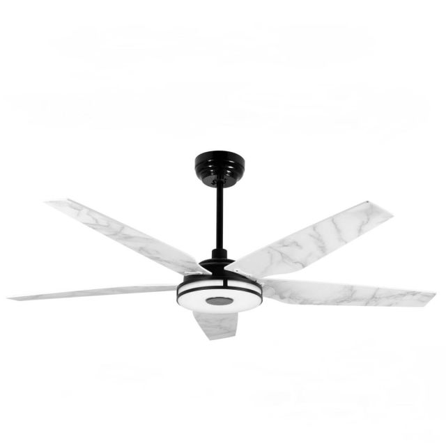 Carro Elira 52 inch 5 Blade Smart Outdoor LED Ceiling Fan in Black with White Marble Pattern Blade VS525S-L13-B7-1