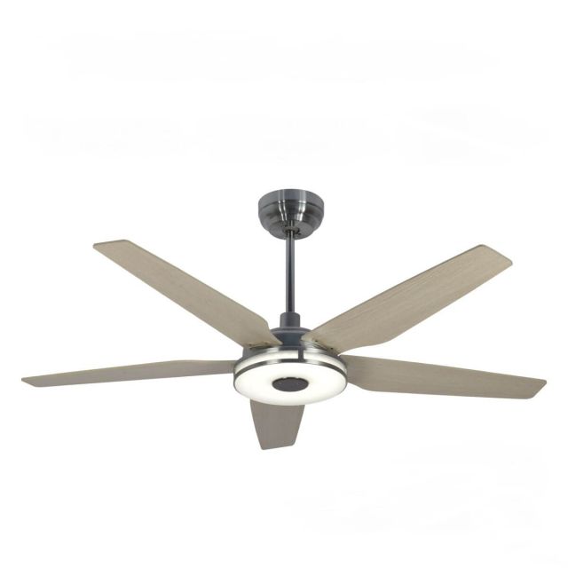 Carro Elira 56 inch 5 Blade Smart Outdoor LED Ceiling Fan in Silver with Wooden Pattern Blade VS565S-L13-S6-1