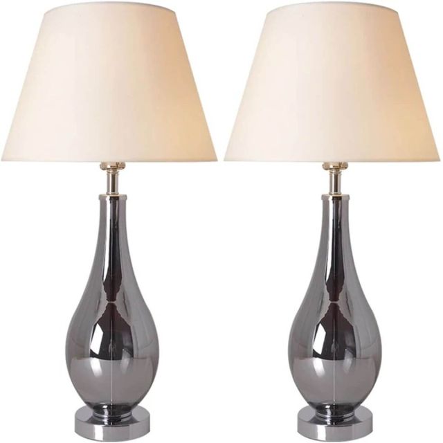 Carro VT-G28012A4 Lola 1 Light 28 inch Tall Table Lamp Set of 2 in Chrome-Grey with Beige Fabric Shade