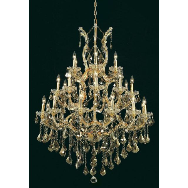 Stockard 28 - Light Glass Dimmable Tiered Chandelier - Gold With Royal Cut Golden Teak Crystal