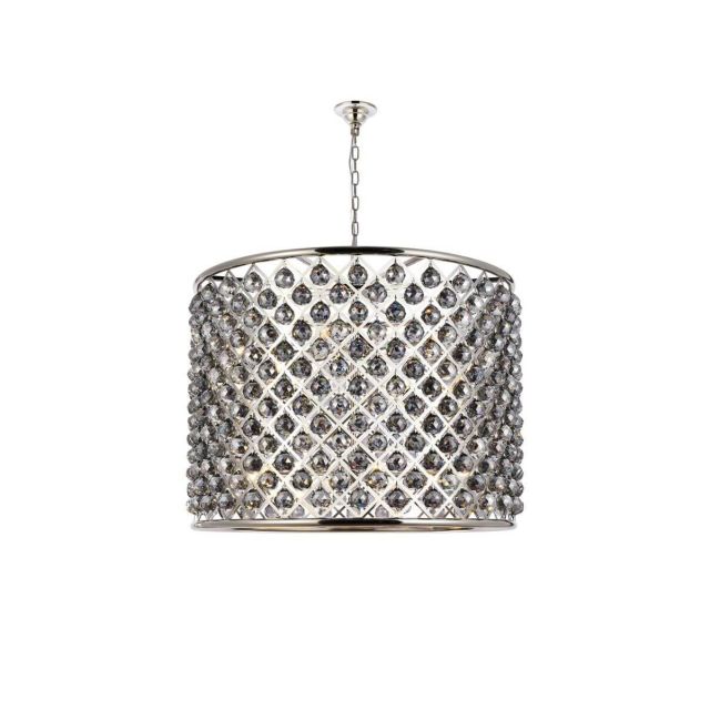 Swinney 10 - Light 36 inch Dimmable Drum Chandelier - Polished Nickel With Royal Cut Silver Shade Grey Crystal