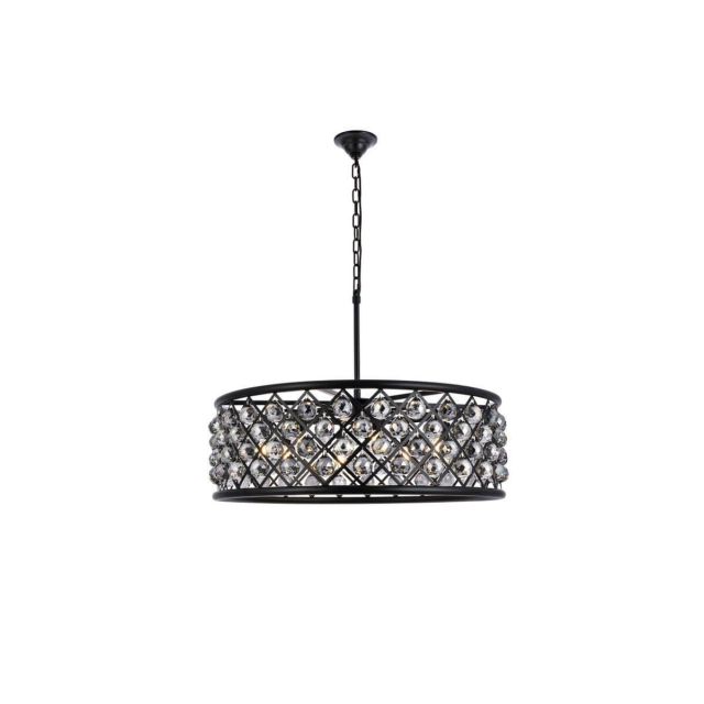 8 Light Unique Statement Chandelier - Matte Black With Royal Cut Silver Shade Grey Crystal