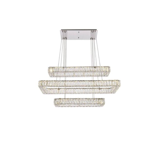 3 Light 42 inch LED Triple Rectangle modern Chandelier in Chrome with Clear Crystal