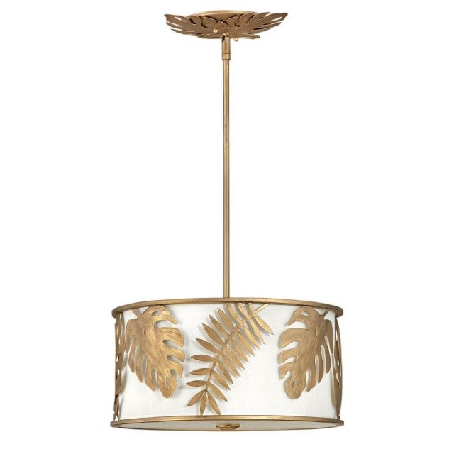 Fredrick Ramond Botanica 3 Light 16 Inch convertible Drum Pendant - Semi-flush Mount in Burnished Gold with White Linen Shade FR35104BNG