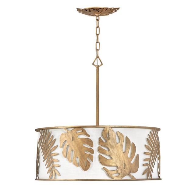 Fredrick Ramond Botanica 5 Light 25 Inch Drum Chandelier in Burnished Gold with White Linen Shade FR35105BNG