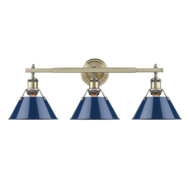 Navy Blue Cone Shade Vanity Light 3 Light - Aged Brass