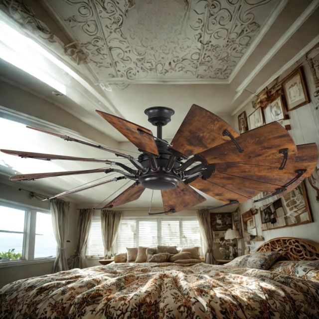 12 Blade 52 Inch Rustic Windmill Ceiling Fan - Matte Black with