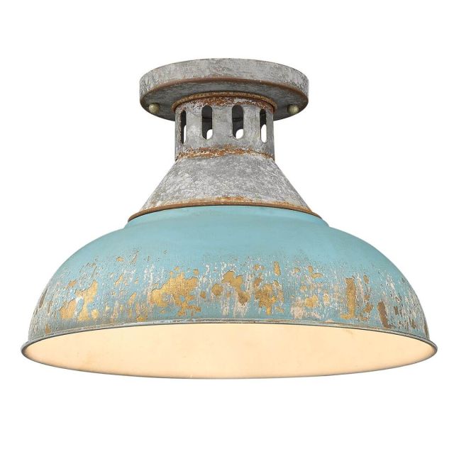 1 Light 14 inch Semi-Flush Mount in Aged Galvanized Steel with Teal Shade - 232899