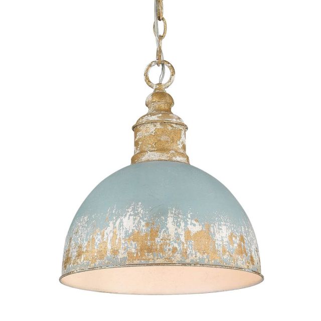 1 Light 12 inch Pendant in Vintage Gold with Teal Shade - 232961