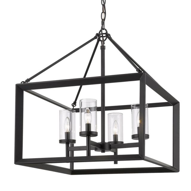 Laurent 4 Light Dimmable Lantern Square Rectangle Chandelier - Matte Black with Clear Glass