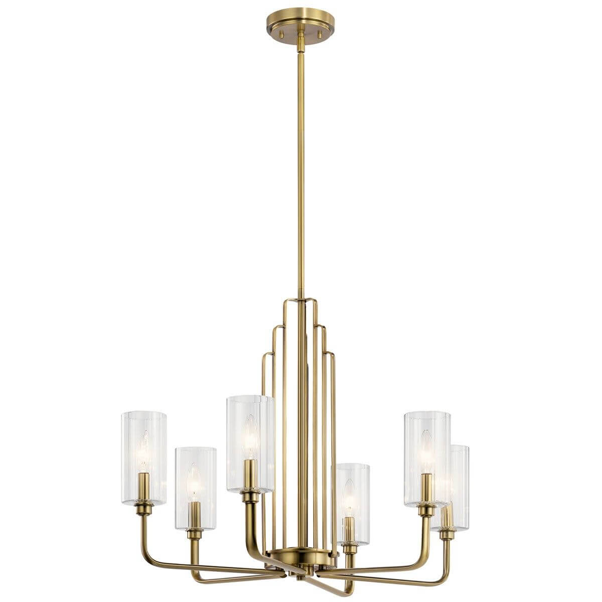 6 Light 27 inch Large Chandelier in Brushed Natural Brass with Etched Clear Faceted Glass - 233760