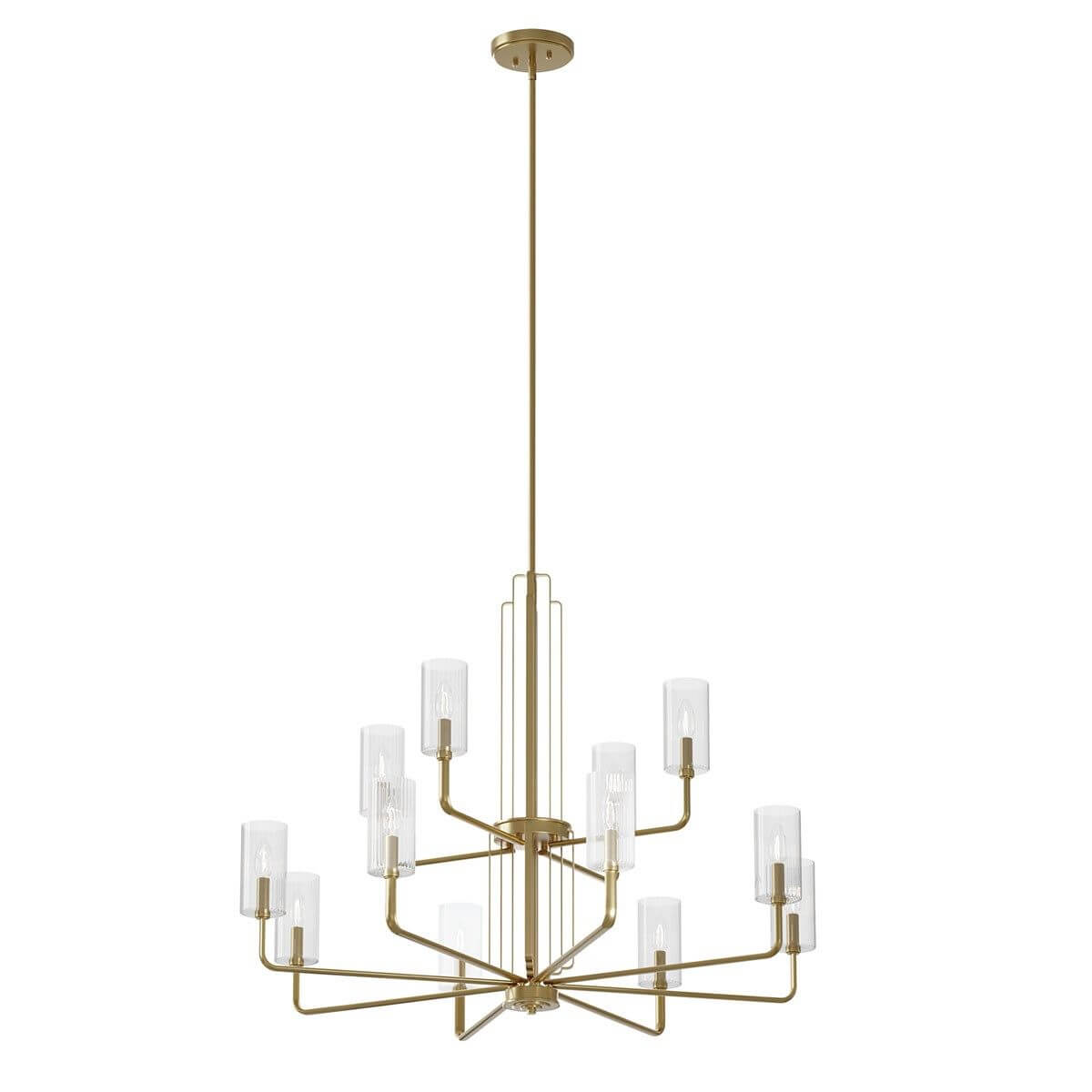 12 Light 41 inch 2 Tier Large Chandelier in Brushed Natural Brass with Clear Fluted Glass - 233762