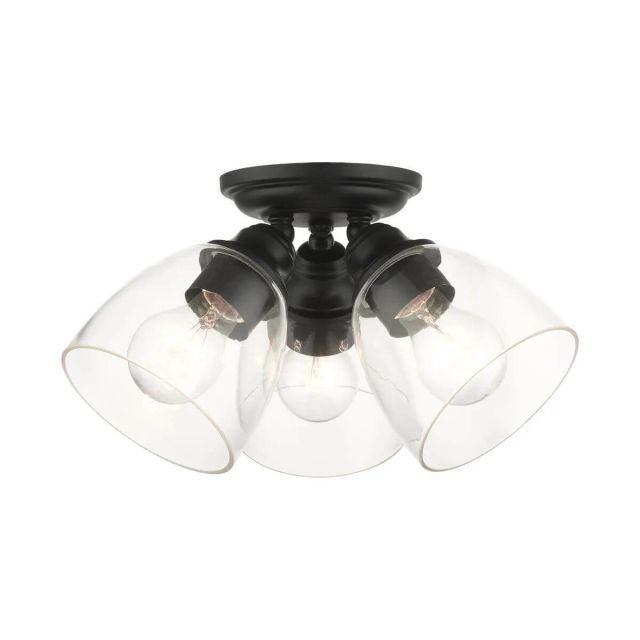 3 Light 14 Inch Flush Mount in Black with Hand Blown Clear Glass - 234947