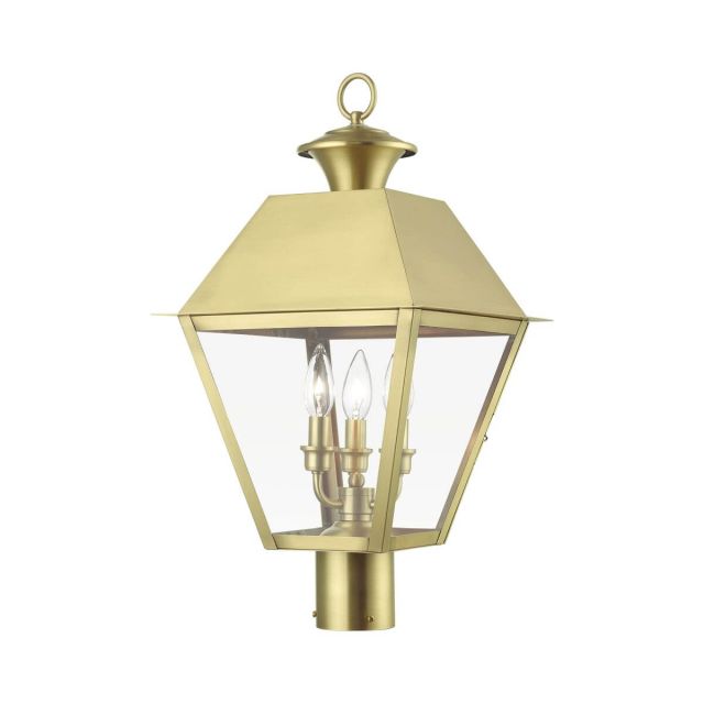 3 Light 22 inch Tall Outdoor Post Top Lantern in Natural Brass with Clear Glass - 245063