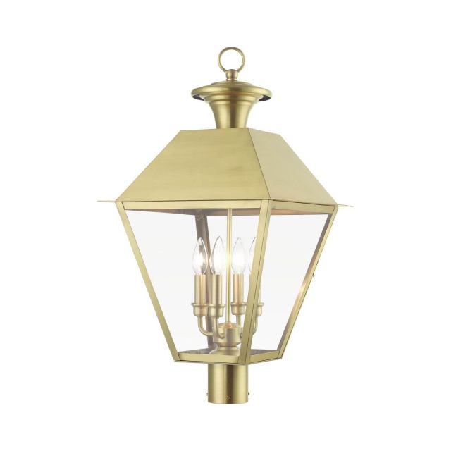 4 Light 28 inch Tall Outdoor Post Top Lantern in Natural Brass with Clear Glass - 245074