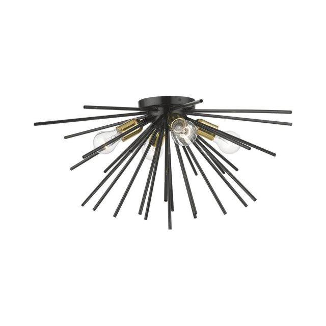 4 Light 25 inch Flush Mount in Shiny Black-Polished Brass Accents with Iron Pipe Rods - 245229