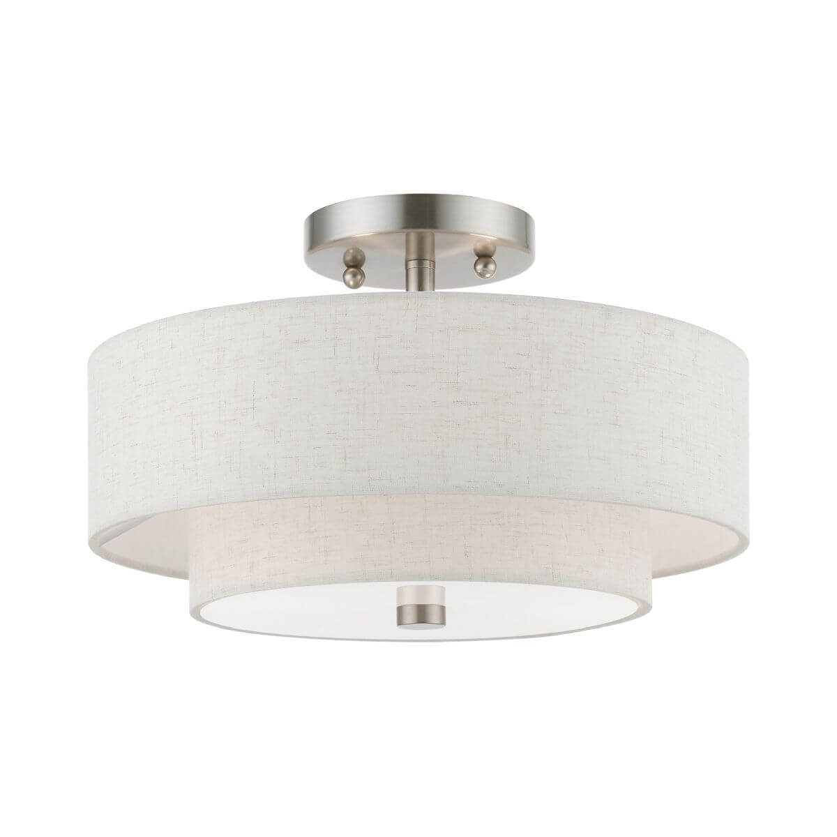 2 Light 13 inch Semi-Flush Mount in Brushed Nickel with Hand Crafted Oatmeal Color Hardback Fabric Shade - White Fabric Inside - 245465