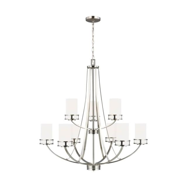 9 Light 33 Inch Chandelier in Brushed Nickel with Etched-White Glass Shades - 248392