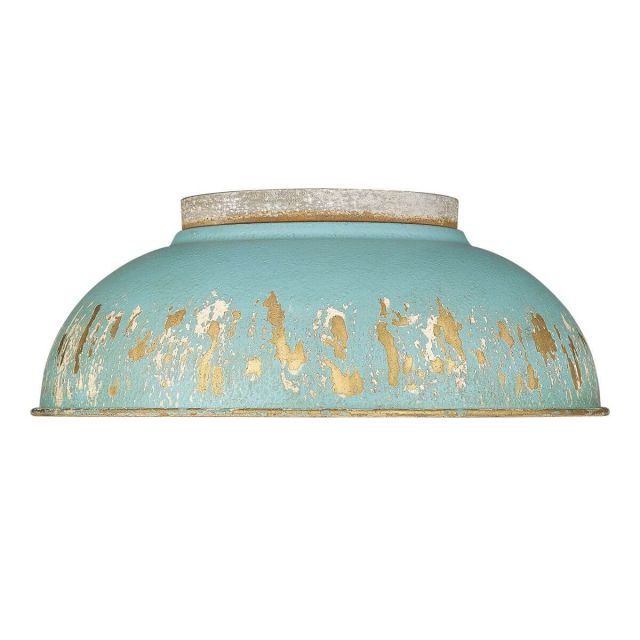 2 Light 14 inch Flush Mount in Aged Galvanized Steel with Antique Teal Shade - 250566