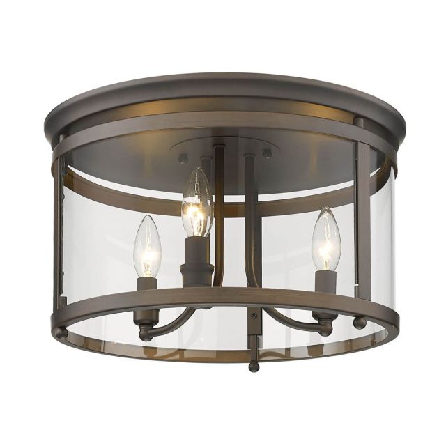 3 Light 15 inch Flush Mount in Rubbed Bronze with Clear Glass - 250579