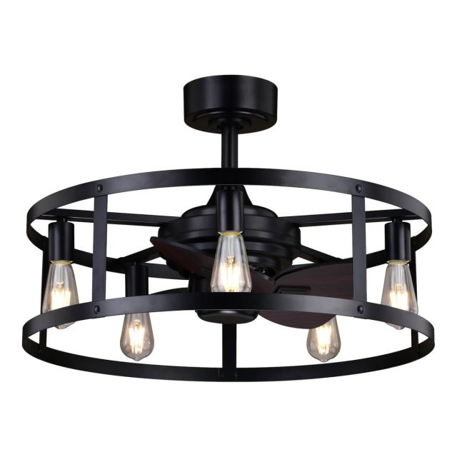 5 Light 25 inch 3 Blade Drum Cage Outdoor LED Fandelier in Black with Reversible Black-Dark Bronze Blades - 250954
