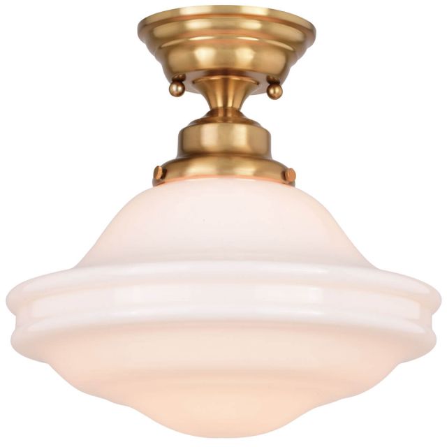 1 Light 12 inch Semi-Flush Mount in Natural Brass with White Milk Glass - 251041