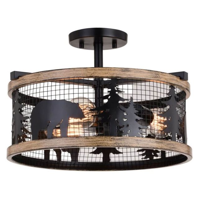 3 Light 16 inch Round Cage Semi-Flush Mount in Black-Burnished Teak with Bear and Tree Motif - 251042