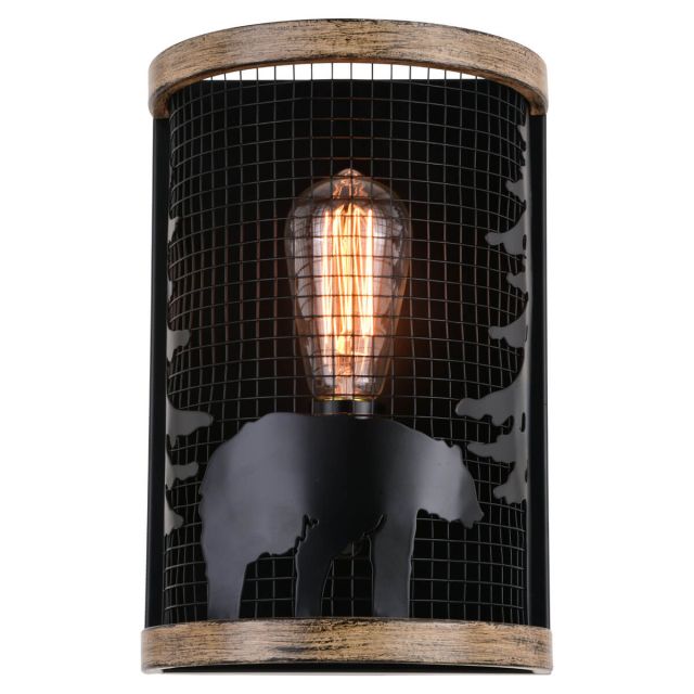 1 Light 12 inch Tall Cage Wall Sconce in Black-Burnished Teak with Bear and Tree Motif - 251055